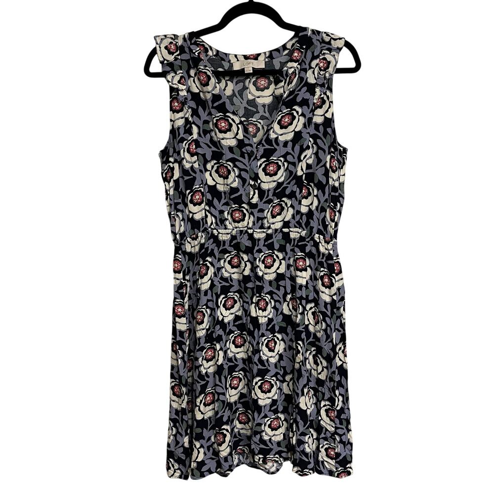 Ann Taylor LOFT‎ Dress Sleeveless Blue Floral Knee Length Rayon Size Medium Tall